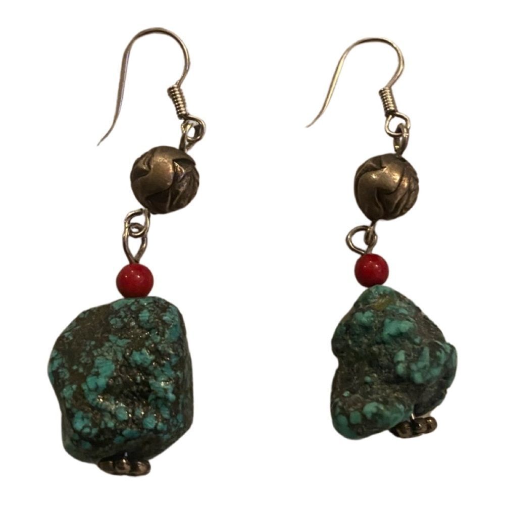 Turquoise and Red Coral Crystal Silver Chandelier earrings